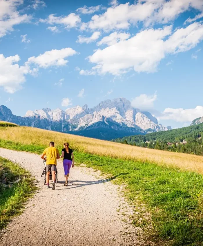 mountains, mountain peak, cortina d'ampezzo, italy, winding road, pine forest, forest, clouds, nature, people, walking, hike, people, people, people, people, people